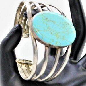 925 STERLING SILVER TAXCO turquoise cuff bracelet vintage huge 49.5 grams